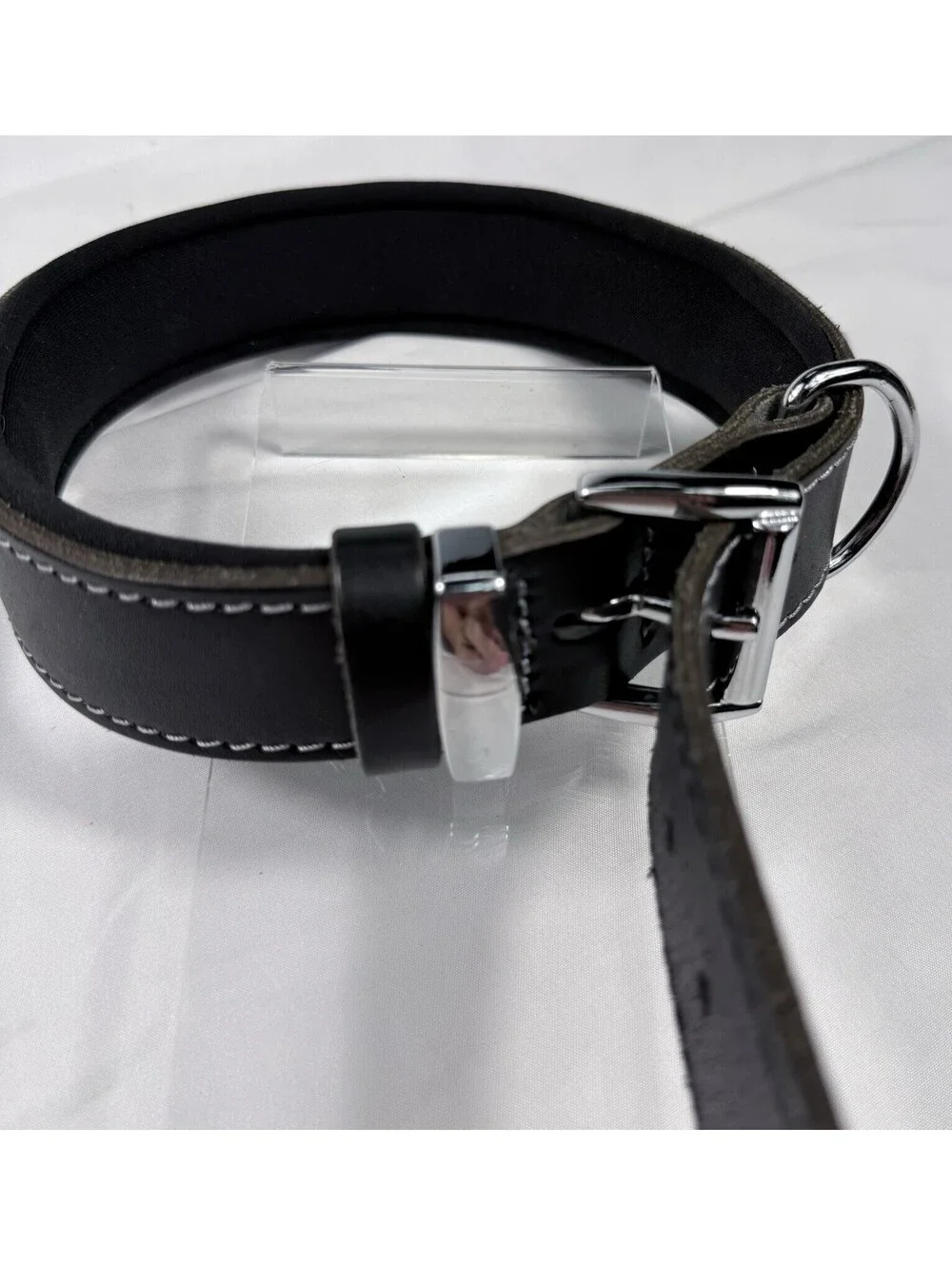 Leather Dog Collar Top Quality Padded Neck W/ Blue White Round Beaded Look